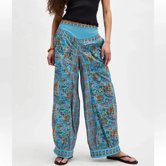 Free People Laurel Canyon Parachute Pants, Turquoise Combo, S - Picture 2 of 8